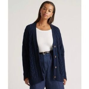 Quince Cable Knit Button Down Cardigan Oversized Chunky Sweater Navy Blue